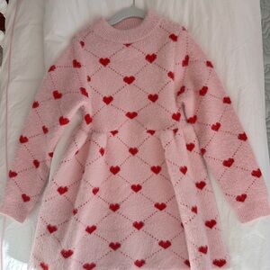 Girls Pink Sweater Dress with Red Hearts, size 5-6